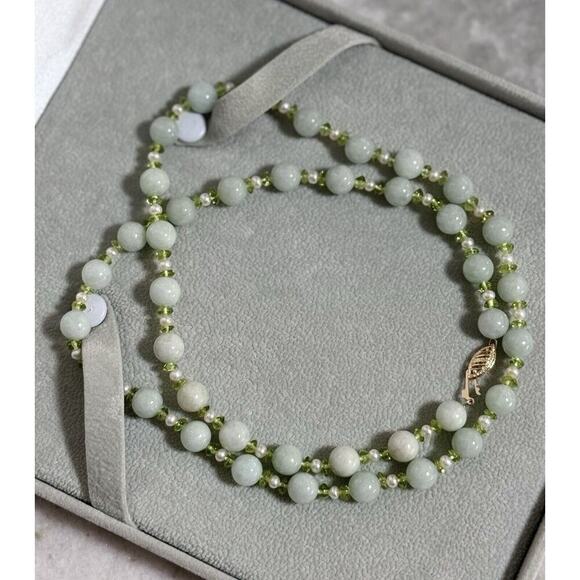 NOS 14K Gold GSJ Signed Jade Pearl Peridot 24in Beaded Necklace - Picture 1 of 10